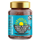 Glass jar of Clipper House Blend Organic instant coffee.