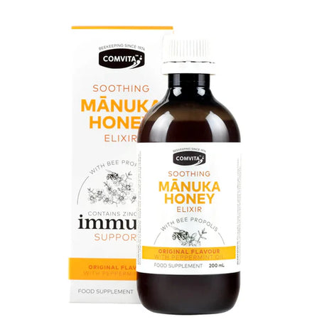 Comvita Immune Support Manuka Honey and Propolis Elixir 200ml for cough and cold relief with Zinc and Vitamin C New Zealand formula.