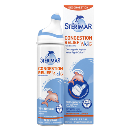 Stérimar Congestion Relief Kids is a 100% natural, micro-diffused sea water nasal spray enriched with copper. This hypertonic, drug-free solution is designed to rapidly decongest and help fight colds in children from 3 months old. It is free from steroids, drugs, and preservatives and features a patent-pending safety nozzle for a very gentle spray.