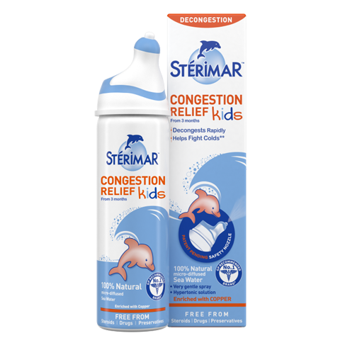 Stérimar Congestion Relief Kids is a 100% natural, micro-diffused sea water nasal spray enriched with copper. This hypertonic, drug-free solution is designed to rapidly decongest and help fight colds in children from 3 months old. It is free from steroids, drugs, and preservatives and features a patent-pending safety nozzle for a very gentle spray.