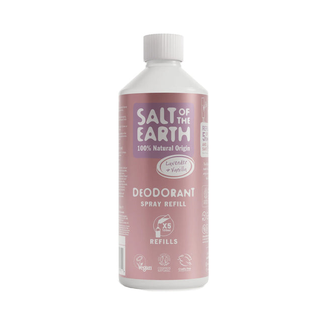 Salt of the Earth Lavender & Vanilla Deodorant Spray Refill, a 500ml, 100% natural origin, vegan, and cruelty-free deodorant spray designed for five refills.
