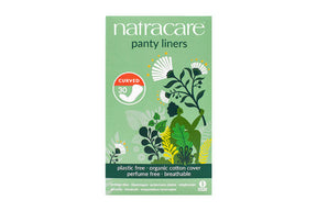 Natracare organic cotton curved panty liners 30 count product box.