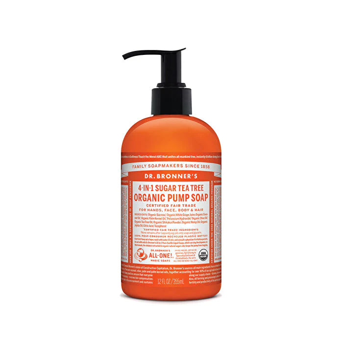 Dr. Bronner’s 4-in-1 Tea Tree Organic Sugar Pump Soap, a 12 fl oz (355ml) bottle, certified fair trade and suitable for hands, face, body, and hair.