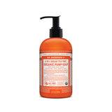Dr. Bronner’s 4-in-1 Tea Tree Organic Sugar Pump Soap, a 12 fl oz (355ml) bottle, certified fair trade and suitable for hands, face, body, and hair.