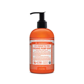 Dr. Bronner’s 4-in-1 Tea Tree Organic Sugar Pump Soap, a 12 fl oz (355ml) bottle, certified fair trade and suitable for hands, face, body, and hair.