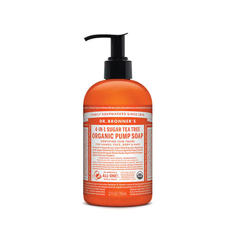 Dr. Bronner’s 4-in-1 Tea Tree Organic Sugar Pump Soap, a 12 fl oz (355ml) bottle, certified fair trade and suitable for hands, face, body, and hair.