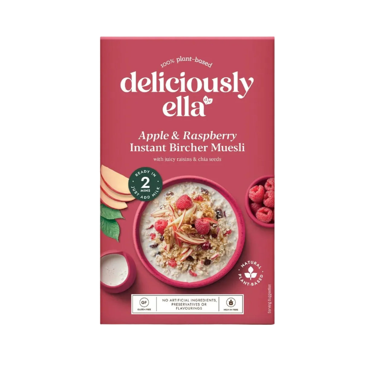 Deliciously Ella Apple & Raspberry Instant Bircher Muesli, a 100% plant-based, gluten-free, and high-fiber cereal mix with juicy raisins and chia seeds.