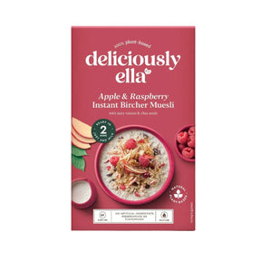 Deliciously Ella Apple & Raspberry Instant Bircher Muesli, a 100% plant-based, gluten-free, and high-fiber cereal mix with juicy raisins and chia seeds.