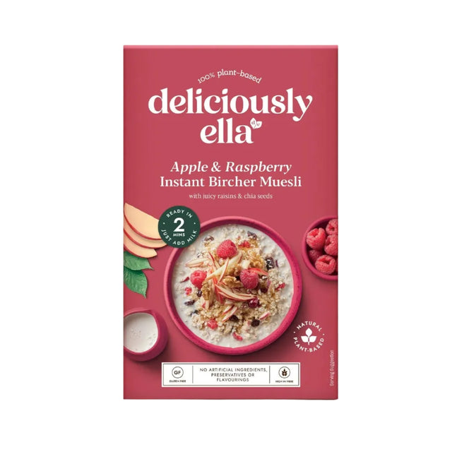 Deliciously Ella Apple & Raspberry Instant Bircher Muesli, a 100% plant-based, gluten-free, and high-fiber cereal mix with juicy raisins and chia seeds.