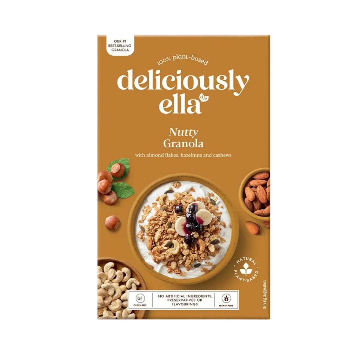 Box of deliciously ella Nutty Granola on a white background