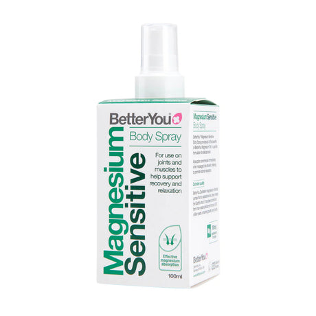 BetterYou Magnesium Oil Sensitive Spray – gentle magnesium chloride spray to support muscle relaxation, calm and sensitive skin comfort.