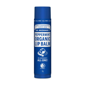 Dr. Bronner’s Peppermint Organic Lip Balm, a 4g stick formulated with organic ingredients.