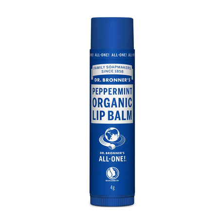 Dr. Bronner’s Peppermint Organic Lip Balm, a 4g stick formulated with organic ingredients.