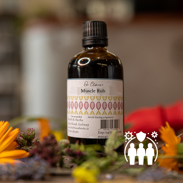 Bottle of 'Muscle Rub' with a label and natural elements in the background