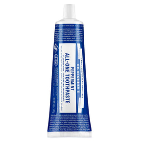 Dr. Bronner's Peppermint All-One Toothpaste, 5oz tube with 70% organic ingredients.