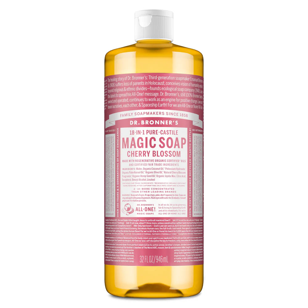Dr. Bronner’s Cherry Blossom 18-in-1 Pure-Castile Magic Soap, 946ml liquid soap bottle.