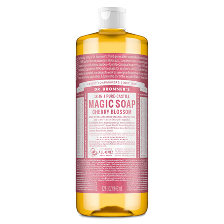Dr. Bronner’s Cherry Blossom 18-in-1 Pure-Castile Magic Soap, 946ml liquid soap bottle.