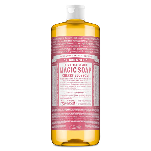 Dr. Bronner’s Cherry Blossom 18-in-1 Pure-Castile Magic Soap, 946ml liquid soap bottle.