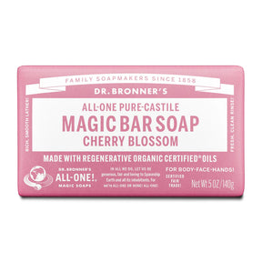 Dr. Bronner’s Cherry Blossom All-One Pure-Castile Magic Bar Soap, 5oz organic pink bar.