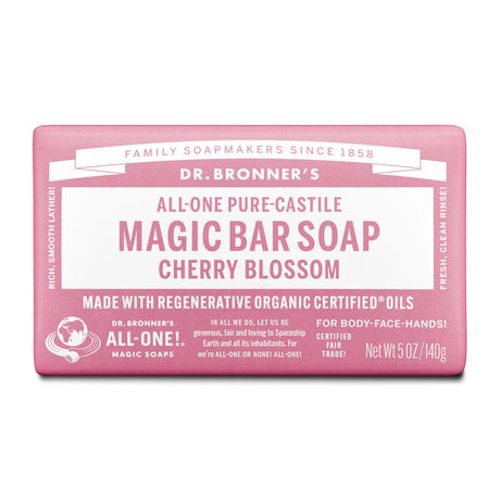 Dr. Bronner’s Cherry Blossom All-One Pure-Castile Magic Bar Soap, 5oz organic pink bar.