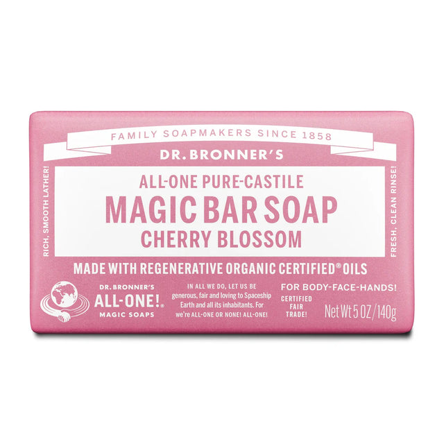 Dr. Bronner’s Cherry Blossom All-One Pure-Castile Magic Bar Soap, 5oz organic pink bar.
