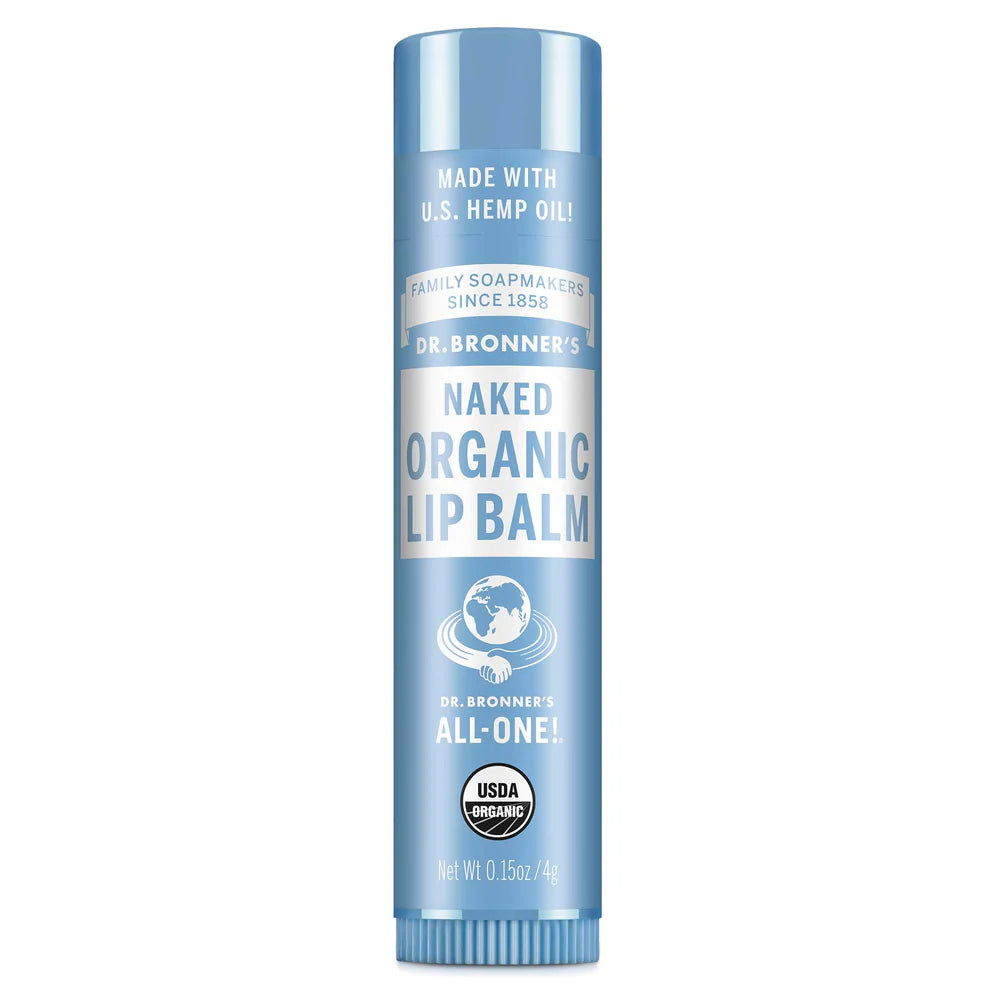 Dr. Bronner’s Naked Organic Lip Balm, 4g tube made with U.S. hemp oil.
