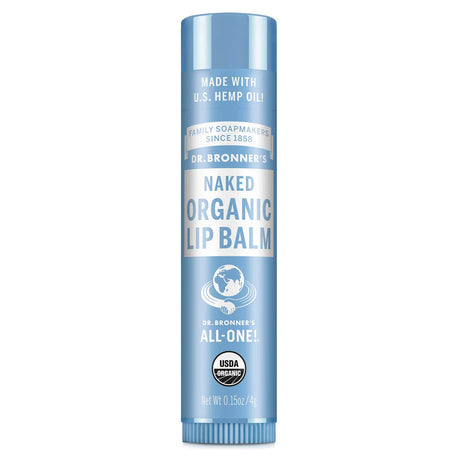 Dr. Bronner’s Naked Organic Lip Balm, 4g tube made with U.S. hemp oil.