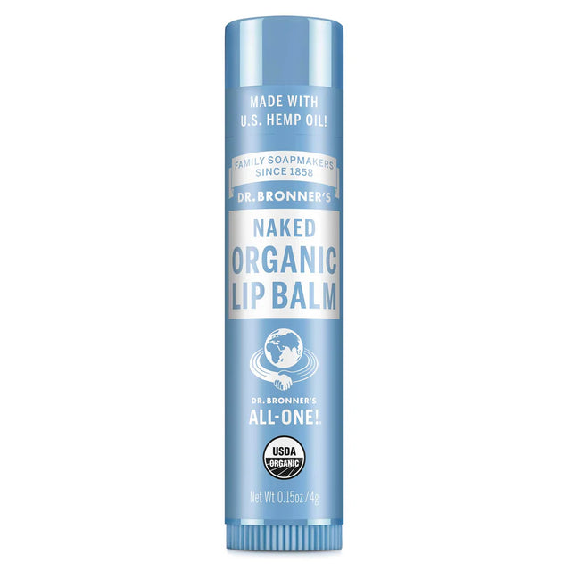 Dr. Bronner’s Naked Organic Lip Balm, 4g tube made with U.S. hemp oil.