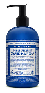 Blue bottle of Dr. Bronner's 4-in-1 Peppermint Organic Pump Soap.