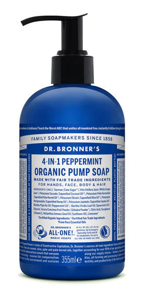 Blue bottle of Dr. Bronner's 4-in-1 Peppermint Organic Pump Soap.