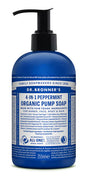 Blue bottle of Dr. Bronner's 4-in-1 Peppermint Organic Pump Soap.