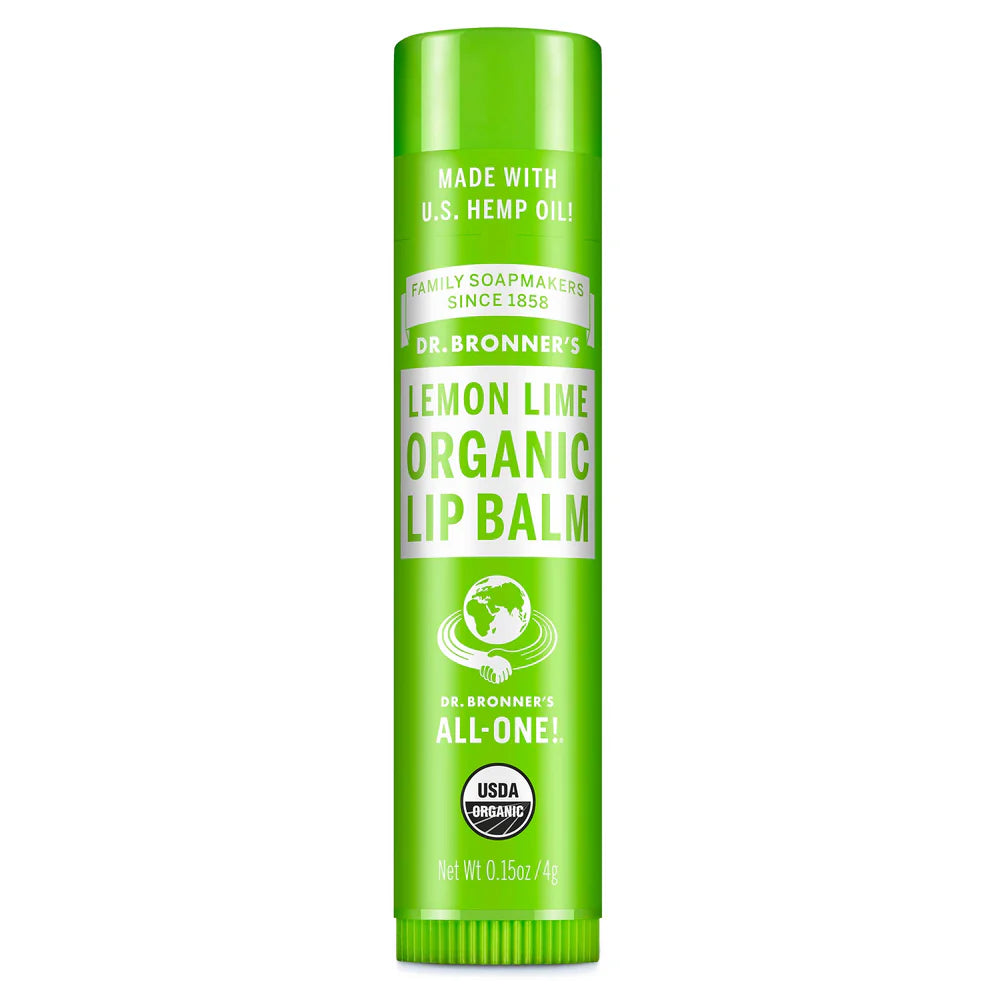 Green tube of Dr. Bronner's Lemon Lime Organic Lip Balm.
