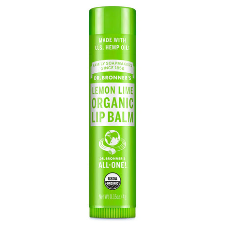 Green tube of Dr. Bronner's Lemon Lime Organic Lip Balm.