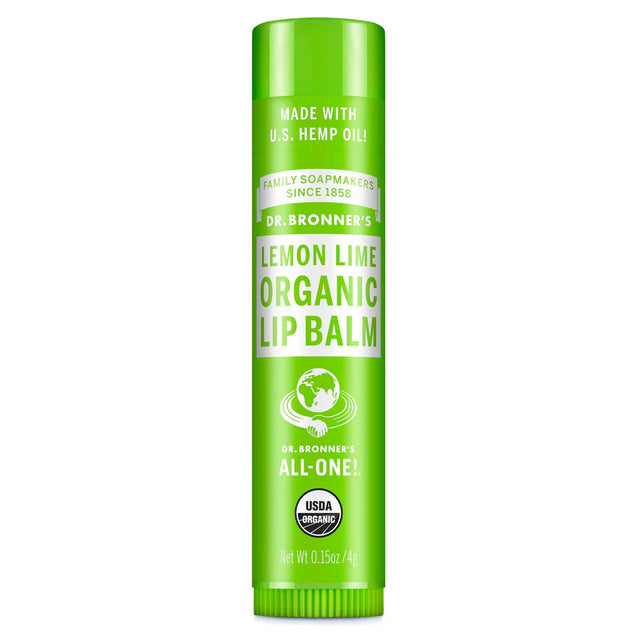 Green tube of Dr. Bronner's Lemon Lime Organic Lip Balm.