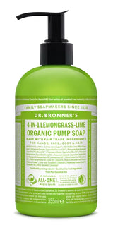 A 355ml bottle of Dr. Bronner's 4-in-1 Lemongrass-Lime Organic Pump Soap in a translucent light green bottle with a black pump and a white label.