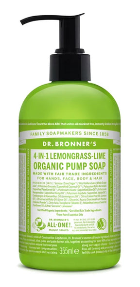 A 355ml bottle of Dr. Bronner's 4-in-1 Lemongrass-Lime Organic Pump Soap in a translucent light green bottle with a black pump and a white label.