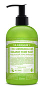 A 355ml bottle of Dr. Bronner's 4-in-1 Lemongrass-Lime Organic Pump Soap in a translucent light green bottle with a black pump and a white label.