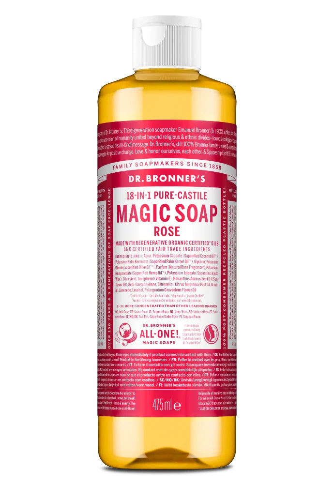 A 473ml bottle of Dr. Bronner's Magic Soap Rose, showing the translucent amber liquid and a white cap against a clean white background.