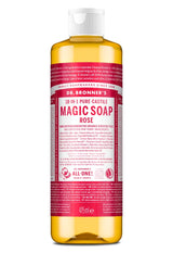 A 473ml bottle of Dr. Bronner's Magic Soap Rose, showing the translucent amber liquid and a white cap against a clean white background.