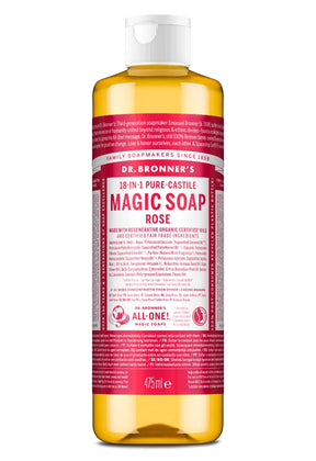 A 473ml bottle of Dr. Bronner's Magic Soap Rose, showing the translucent amber liquid and a white cap against a clean white background.