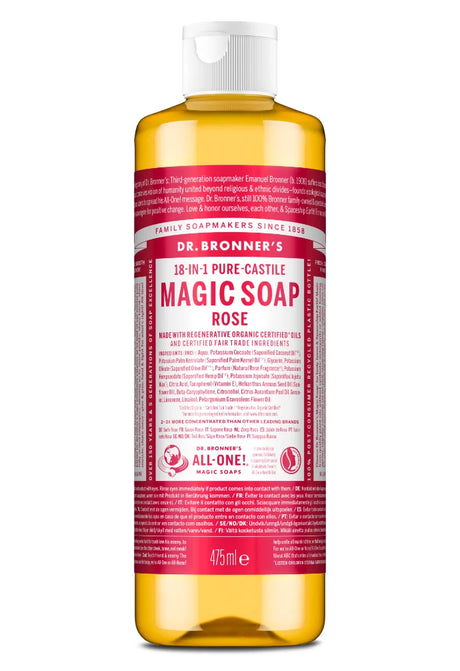 A 473ml bottle of Dr. Bronner's Magic Soap Rose, showing the translucent amber liquid and a white cap against a clean white background.