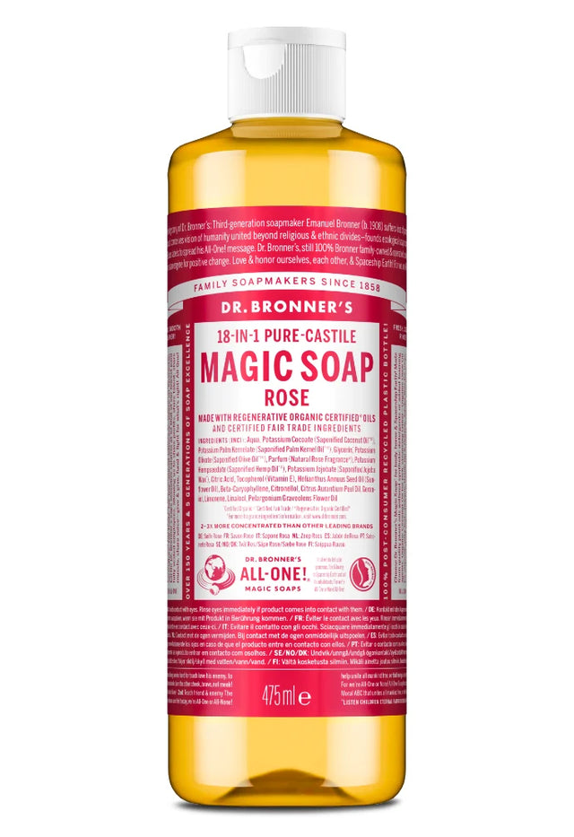A 473ml bottle of Dr. Bronner's Magic Soap Rose, showing the translucent amber liquid and a white cap against a clean white background.