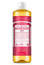 A 473ml bottle of Dr. Bronner's Magic Soap Rose, showing the translucent amber liquid and a white cap against a clean white background.