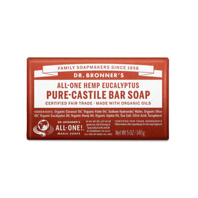 Dr. Bronner's All-One Hemp Eucalyptus Pure-Castile Bar Soap, a 5 oz (140g) bar made with certified fair trade and organic oils.