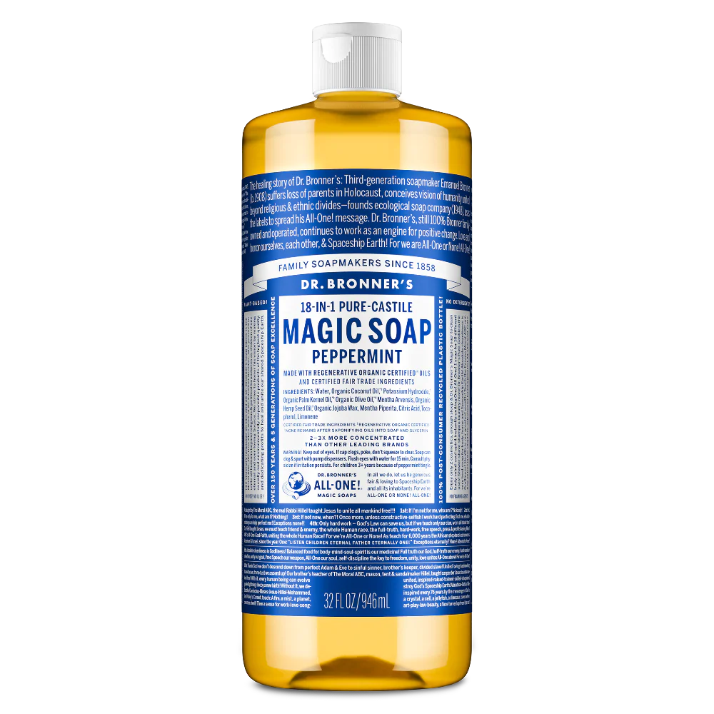 Dr. Bronner's 32 oz. bottle of Peppermint Pure-Castile Magic Soap. Blue and white label with bold text on a transparent bottle filled with amber liquid.