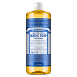 Dr. Bronner's 32 oz. bottle of Peppermint Pure-Castile Magic Soap. Blue and white label with bold text on a transparent bottle filled with amber liquid.