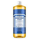Dr. Bronner's 32 oz. bottle of Peppermint Pure-Castile Magic Soap. Blue and white label with bold text on a transparent bottle filled with amber liquid.