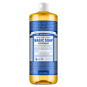Dr. Bronner's 32 oz. bottle of Peppermint Pure-Castile Magic Soap. Blue and white label with bold text on a transparent bottle filled with amber liquid.
