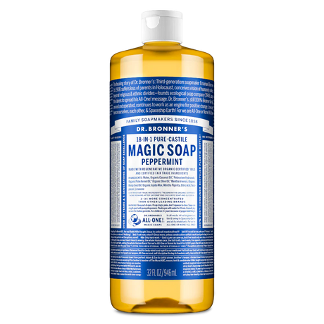 Dr. Bronner's 32 oz. bottle of Peppermint Pure-Castile Magic Soap. Blue and white label with bold text on a transparent bottle filled with amber liquid.