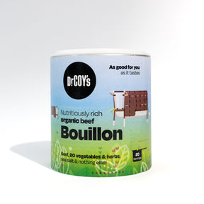 Dr. Coy's Nutritiously Rich Organic Beef Bouillon 20 servings tin.